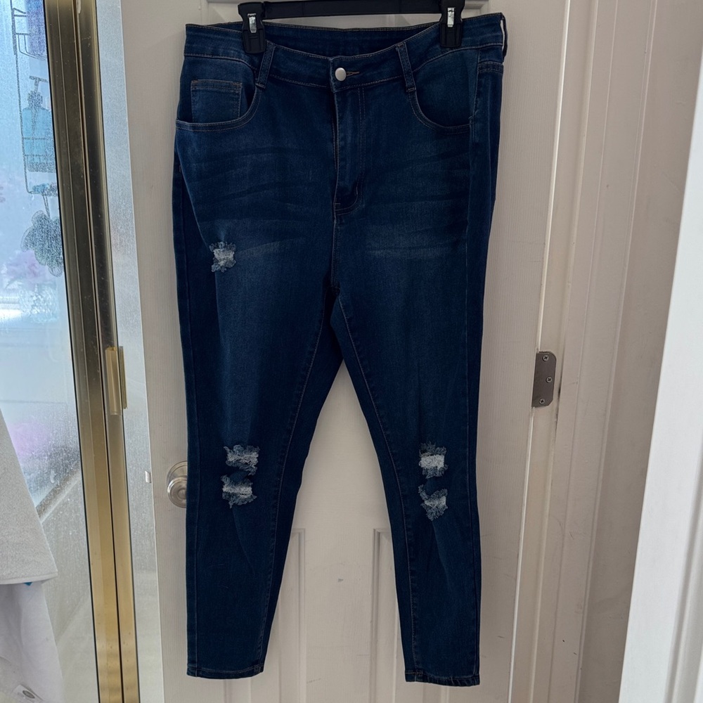 SHEIN Dark Blue Distressed Skinny Jeans